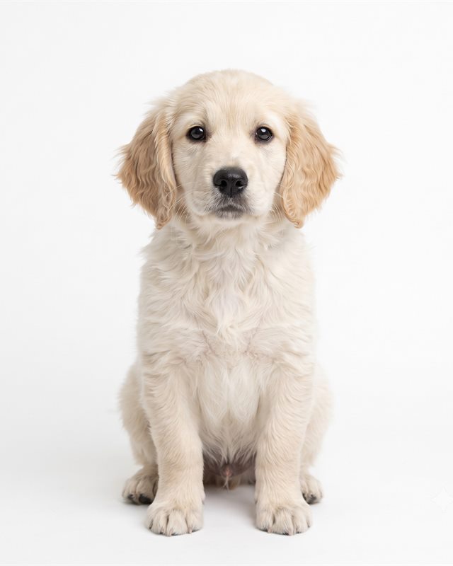 A golden retriever puppy sitting in a photographer's studio